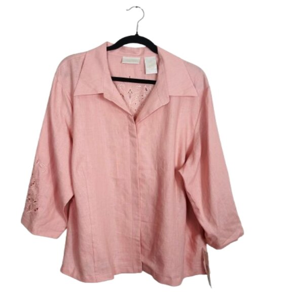 Lucy Pereda NEW 100% Linen Embroidered Cutout Button Down Shirt Size 24W Pink - Picture 2 of 7